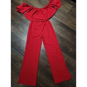 Zara Woman Red Off Shoulder Ruffle Jumpsuit Size M